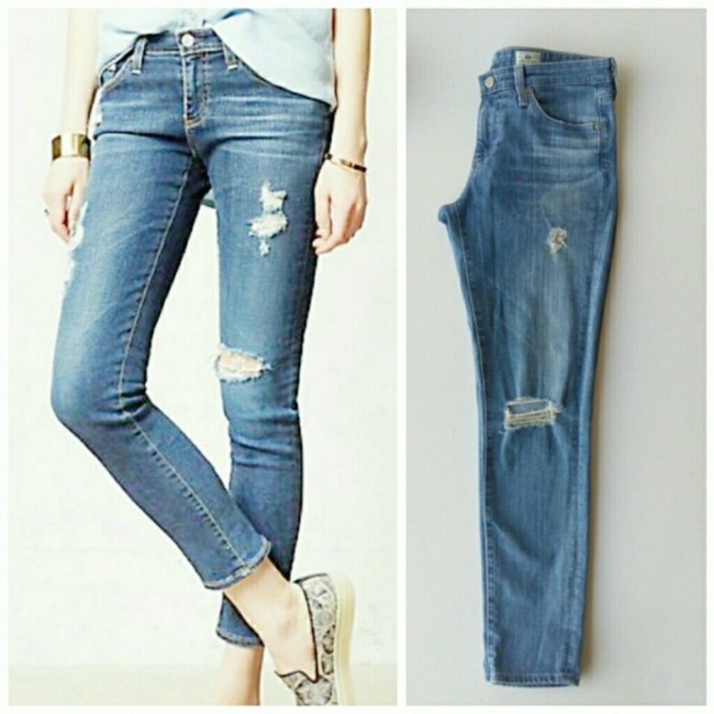 AG The Stevie Distressed Slim Straight Ankle Jeans